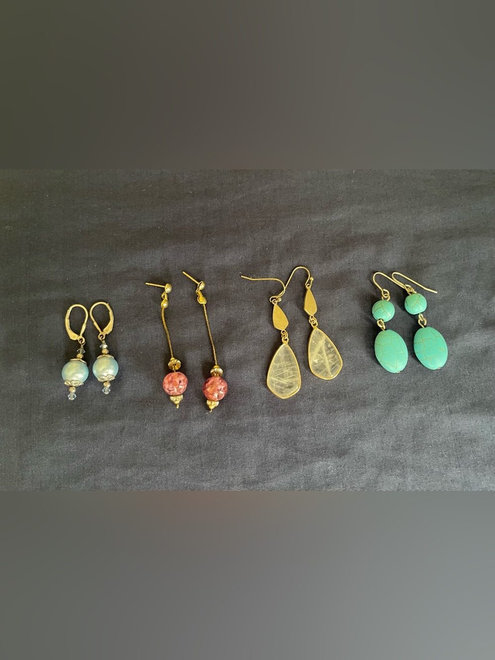 Four Sets of Beautiful Earrings - Blue, Pink, Turquoise, and Gold laced clear!